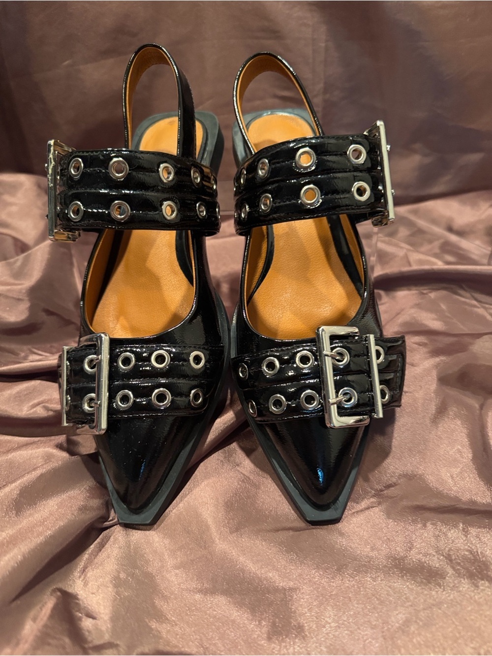 Black Patent Pointed-Toe Slingback Flats with Buckle Straps - Never worn - Picture 5 of 6
